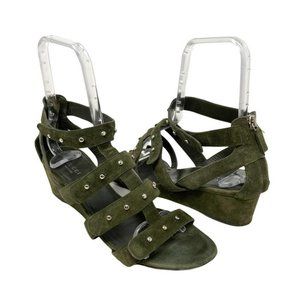 Gucci Gladiator Green Suede Studded Strappy Wedge Zip Sandals - Size 9.5